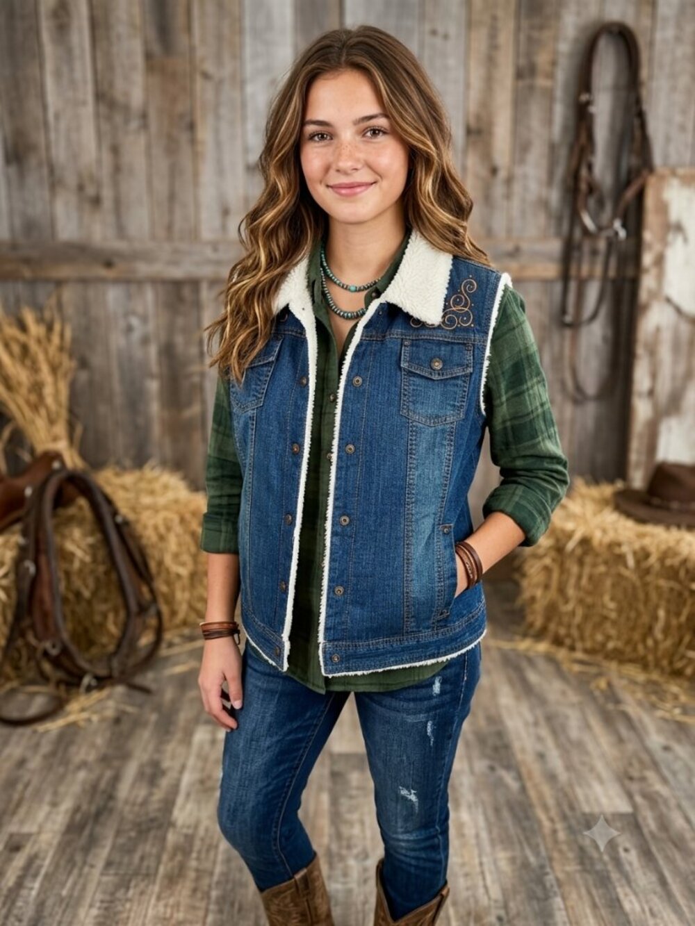 Limited Too Sherpa-Lined Denim Vest with Embroidered Details - XXXL